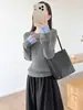 Suéter Patchwork de Malha Falso Duas Peças em Mistura de Lã Cinza para Mulheres, Top Outono e Inverno, Camada Base, Conjunto Falso de Duas Peças Top Feminino