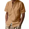 Amazon Transfronteiriça Europa e América Masculino Verão Solto Linho Cardigã Cor Sólida Casual Gola Alta Praia Manga Curta Camisa Masculina
