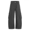 Calça Larga Estilo Workwear Cinza Escuro com Múltiplos Bolsos, Cintura Alta com Corte Único e Fashion, Roupas Masculinas Slimming e Tendência