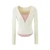 Ins ropa de mujer al por mayor estilo europeo y americano estilo deseo puro con capucha bloques de color falso dos piezas cremallera ajustada camiseta de manga larga top
