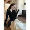 Atacado Transfronteiriço Outono e Inverno Puro Desejo Gola V Renda Manga Longa Malha, Top Interno Quente Feminino Slim Fit
