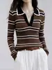 Suéter de Punto Sin Mangas Color Block Rayado con Cuello Polo Estilo Coreano para Mujer, Primavera, Otoño, Invierno, Corte Ajustado, Adelgazante, Suéter Superior de Abrigo