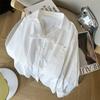 2025 Primavera e Outono Nova Camisa Costurada em Renda Laço Gola Polo Solta Francesa Combina com Tudo Top Camisa Feminina