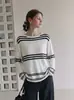 Suéter de Punto de Manga Larga a Rayas de Color Contrastante Estilo Old Money Vintage para Mujer, Diseño Casual de Otoño, Corte Holgado, Top Versátil con Protección Solar