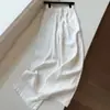 Calça Casual Feminina de Primavera e Outono, Branca, Cintura Elástica com Cordão, Calça de Perna Larga em Algodão e Linho Estilo Artístico Retrô, Calça Longa de Perna Reta