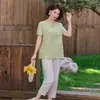 Conjunto de Blusa de Algodão e Linho Bordada de Manga Curta para o Verão da Mamãe, Conjunto de Duas Peças de Camiseta Solta com Gola Redonda Estilosa para Mulheres de Meia-Idade e Idosas