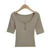 728-26 Verano Top básico liso de estilo coreano, corte ajustado, con cuello en U y manga corta, inspirado en bloggers de INS