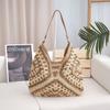 Bolso de Hombro Tejido de Paja Hecho a Mano de Venta Caliente con Recortes Cuadrados de Flores, Triángulo Grande de Color Contrastante, Bolso de Capacidad para Desplazamiento Moderno y Versátil