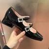 Zapatos Mary Jane con Tira de Pedrería y Tacón Grueso para Mujer 2026 Nuevo Estilo Negro Brillante de Cuero con Hebilla Cuadrada Zapatos de una Sola Tira para Mujer