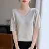 Camiseta de Tricô Minimalista Francês com Decote V de Manga Curta para Mulheres, Top Fino Respirável Sem Costura