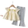 Camiseta de Muñeca para Niña Coreana Moda Suelta Bebé Elegante Top de Manga Corta para Niños con Estampado de Flores Amarillas