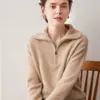 Suéter de cachemira 100% pura con media cremallera para mujer, top de punto holgado para otoño e invierno con cuello camisero, color liso, elegante, cálido y adecuado como capa base