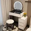 Penteadeira para espaços pequenos, estilo francês creme para quarto, mesa de maquiagem moderna minimalista, penteadeira de vidro com gavetas integradas