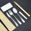 Conjunto de talheres descartáveis de aço inoxidável degradável de quatro peças restaurante refeitório para viagem presente pauzinhos colher garfo