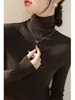 Elegante y sofisticado suéter de cuello alto verde oscuro con mangas largas, camisa base tejida para mujer A5455