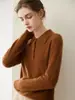 Macio e aconchegante~Suéter feminino 100% cashmere puro com gola polo, blusa de malha casual tipo pullover, elegante suéter com gola virada
