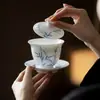 Juego de tres cuencos con tapa de cerámica de pared delgada, Sombra de Bambú Azul y Blanco, Pintado Puramente a Mano, Taza de Té de Porcelana Blanca Dulce con Color Bajo Esmalte, Juego de Té Kung Fu Estilo Chino