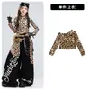 Figurino de dança jazz para meninas, conjunto de roupa de dança cropped com estampa de leopardo para crianças, roupa da moda street dance para desfile infantil, figurino de performance para meninas