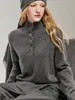 Suéter de cashmere com meio zíper, outono feminino de gola alta, modelagem solta, top de tricô de manga longa