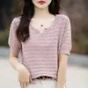 Suéter de manga corta de algodón puro para mujer con cuello en V, camiseta de manga tres cuartos, top de punto jacquard por computadora calado
