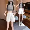 Shorts de traje de cintura alta para mujer, nuevo estilo coreano primavera/verano 2026, aptos para petite, adelgazantes y con un toque de alta gama, shorts ajustados de pierna ancha en línea A