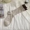 Meias Empilháveis Enroladas Primavera e Verão Ins Tendência Cinza Azul Meias Duplas Meias Femininas Simples Versátil Meias Finas Vazadas de Cano Médio