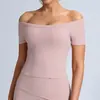 Amazon Tela Cepillada Hombro Caído Ajustado Manga Corta Sensación Nude Cincha la Cintura Ropa Deportiva para Correr Manga Corta Sujetador Ropa de Yoga