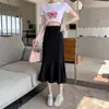 Falda línea A de talla grande para mujer, falda de cola de pez de primavera y verano, falda larga que cubre el vientre y estiliza, falda negra de cintura alta