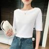 2025 Nuevo Verano Algodón Puro Cuello de Línea Única Tejido de Punto Camiseta de Manga Corta para Mujer Jersey Color Puro Suelto Camiseta Básica