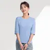 Camiseta de Manga Siete Cruzada con Cuello Redondo para Mujer Algodón Puro Capa Interior Primavera Verano Nuevo Estilo Capa Base Corte Ajustado Algodón Mercerizado Top para Mujer