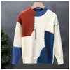 Otoño e Invierno Casual Americano Diseño de Personalidad Sentido del Diseño Tejido Patchwork Bloque de Color Suéter Estilo Perezoso Holgado para Hombre Suéter de Lana