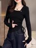 Otoño Deseo Puro Viento Irregular Slim Camiseta de Manga Larga Ajustada Nicho Spice Girls Sexy Top Básico Interior Mujeres