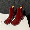 Botas de Chimenea Tacón Grueso Charol Botines Cortos Ropa Navideña para Mujer Borgoña 2025 Nuevos Botines Chelsea de Tacón Alto Negros