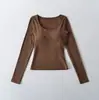 Atacado de Roupas Femininas Transfronteiriças Camiseta Sexy Slim-Fit Estilo Americano com Mangas Longas, Decote U Profundo, Estilo Puro Desejo