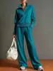 Traje Deportivo Casual de Nuevo Estilo Transfronterizo Estilo Europeo Bloque de Color Sudadera con Cuello Alto Pantalones de Pierna Ancha Conjunto de Dos Piezas