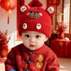 Chapéu de Proteção Auricular para Bebês Meninos e Meninas, Chapéu de Lã Tricotado Quente Vermelho de Inverno, Chapéu Festivo de Ano Novo para Bebês para Saudações de Ano Novo