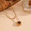 Collar Cruzado Nuevo Versátil de Acero de Titanio Elegante Versátil con Colgante Redondo de Piedra de Color para Mujer Collar de Acero Inoxidable de Doble Capa Tachonado de Perlas