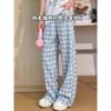 Pantalones de cuadros azul dopamina de 145 cm para mujer, casuales, combinan con todo, 150 cortos de verano, cintura alta, rectos, de pierna ancha