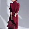 Vestido suéter de punto largo hasta la rodilla con cuello alto y cinturón, estilo minimalista coreano, elegante para mujer, moda de otoño e invierno