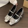 Zapatos de Salón Plateados Bajos Estilo Francés para Mujer, Nuevo Modelo Primavera y Otoño 2026, Tacón Grueso, Hebilla con Pedrería, Tacones Altos Mary Jane