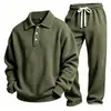 Conjunto de duas peças masculino, popular na Europa e América, de tricô waffle, cor sólida, manga longa e calça longa, esportivo, simples, versátil, casual