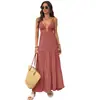 Vestido de Verano 2026 Nuevo Color Sólido Cuello en V Profundo Estilo Vacacional, Popular en Europa y América, Vestido Largo Casual de Playa para Mujer