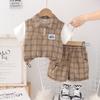 2024 verano nuevo traje para niños al por mayor niños estilo occidental cuadros costuras delgado manga corta dos piezas ropa para niños