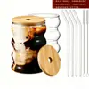 Taza para Beber con Empaque Transfronterizo, Taza con Popote, Vaso de Cerveza de Alta Apariencia para Verano para Mujeres, Taza de Oruga de Vidrio de Borosilicato Alto con Tapa de Bambú