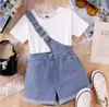 Baoxin Ropa de Verano Nueva Estilo Europeo y Americano Transfronteriza Shorts de Peto de Mezclilla Blancos de Manga Corta Cruzados Hebilla Única Conjunto Creativo de Ropa para Niños