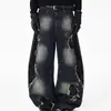 Calça Jeans Patchwork Distressed Wasteland com Foice Masculina Design de Nicho Marca Tendência Perna Larga Longa Desbotada Lavada
