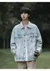 Jaqueta Jeans Retrô Americana para Homens de Primavera e Outono, Peso Pesado High-End Solta Versátil para Casais Roupa de Trabalho Jaqueta com Lapela Marca Tendência