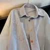 Camisa de Manga Larga a Rayas Azules para Mujer, Primavera y Verano, Corte Holgado, Diseño de Botones Coloridos, Chaqueta de Color Contrastante, Camisa de Protección Solar, Moderna