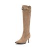 Botas Elegantes de Tacón de Aguja con Punta Afilada Estilo Coreano para Mujer Botas de Pelo de Ante de Vaca Negro Decoración de Correa Botas de Tacón Alto de 7.5 cm