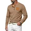 Estilo europeu e americano, modelagem solta, casual, cor sólida, veludo cotelê, com bolso, retrô, capacete, manga longa, camiseta Henley